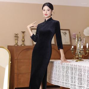 Etnik Giyim Vintage Cheongsam Mandarin Yakası Çinli Kadınlar Qipao Elbise Yan Bölünmüş Klasik Vestidos Düğmesi Düzenli Resmi Parti Elbiseleri