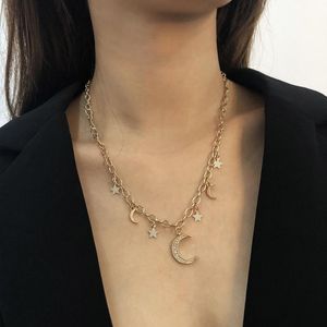 Chains Star Moon Pendant Necklace For Women OL Style Vintage Crystal Crescent Chain Neck Fashion Party Jewelry Gift