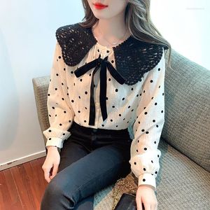 Frauen Blusen Französisch Vintage Polka Dot Puppe Kragen Chiffon Hemd 2023 Frühling Herbst Lange Ärmeln Bogen Büro Dame Kleidung