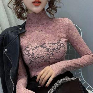 Kvinnors T-skjortor Korean Style Lace T-shirts Fashion Turtleneck ihålig design vår sommar mysig andningsbar skjorta sexiga lady smala toppar