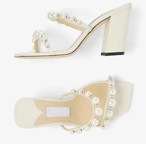 2023 Summer Luxury Brands Sandals Shoes Women Nappa Leather Mules With Pearl Embelling Block Heels Lady Slippers Mules EU34-43