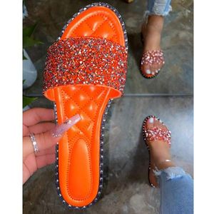 Slippers 2023 Woman's Flat Rhinestone Summer Outdoor Beach Sandals Open Toe Bling Casual Shoes Comfort Plus Size 43
