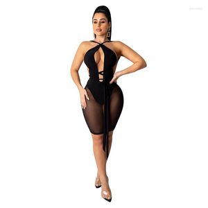 Casual Dresses Summer Sexy Mesh seing-Through Lace-Up Mini Dress Female Sleeveless Tight-passande högelastisk