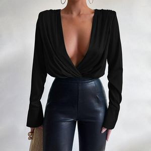 Women's Blouses V-neck Stain Silk Green Bodysuit Fashion Casual Solid Long Sleeve Body Tops For Women Female2023 Spring Sexy Winter Deep