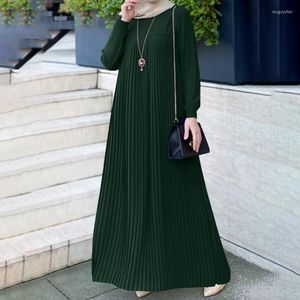 Etniska kläder wepbel veckade kaftan islam klänning arabisk stil kvinnor muslimska abaya o-hals långärmad elegant islamisk