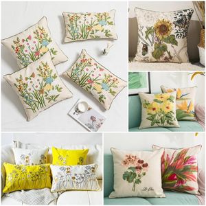 Pillow /Decorative Luxury Embroidery Country Style Floral Pillows Case Sunflower Daisy Narcissus Embroidered Thick Linen S Far