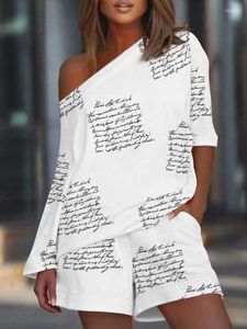 Women's Tracksuits Skew Collar Sportswear 2PCS Sets Summer Women Letter Printing Loose Long Sleeve Shorts Ladies Outfit Loungewear