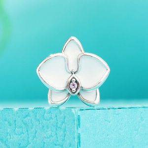 925 Серебряная серебряная орхидея белая эмалевая орхидея CZ Bead подходит для европейских ювелирных украшений в стиле Pandora Bracelets
