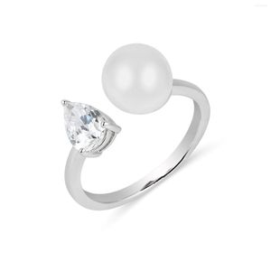 Cluster Rings Pearl and Zircon Diamond Open Ring Sterling 925 Silver For Women Girls Drop Shape Söt modestil smycken Toi et Moi