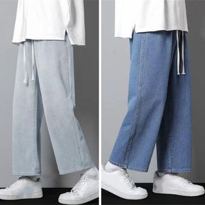 Herr jeans vår sommar raka byxor koreanska casual bred ben elastisk midja byxor mode streetwear män denim pantsmen's