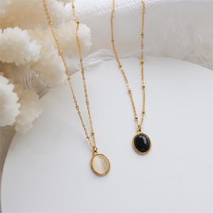 Подвесные ожерелья из нержавеющей стали с 18 -каратным золотым черно -белым опалом -каменным овальным винтажным ожерельем Натуральные украшения для девочек -женщинам.