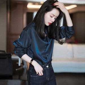 Kvinnors blusar kvinna blus mode tröjor kvinnliga singelbröst satin långärmad damer silk koreanska kontor eleganta kausala toppar a22