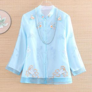 Jackets femininos de estilo chinês Stand colar de casaco curto feminino Primavera e verão Organza pequena nuvem de flores Bordadas Lady Top S-xxl