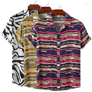 Men's Casual Shirts Men's Cotton Polyester Summer Short Sleeve Shirt Vintage Geometric Hawaiian Beach Male Blouse For Men