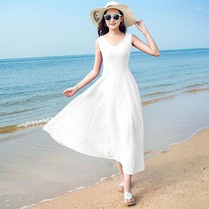 Casual Dresses 2023 Summer Women Fashion Beach Style Sleeveless Vintage Elegant Vestidos Female Bohemian Outerwear Solid Dress B86