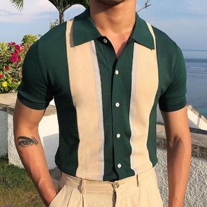 Polos męski 2023 Mężczyzn Casual Polo Shirts Stripe Patchwork Knitting Pullover Fashion Vintage Mens krótki rękaw Slim Ubranie