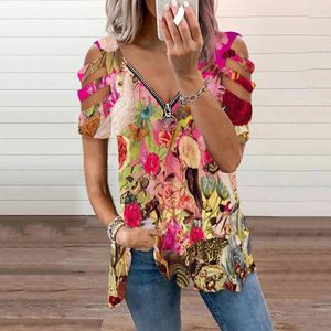 Women's Blouses & Shirts Women Vintage Floral Printed Sexy Zipper Cold Shoulder V-neck Short Sleeve Tank Top Shirt Blouse Streetwear