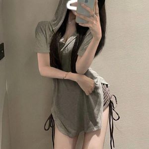 Women's Tracksuits Yoga Suit Hooded T-Shirt Drawstring Hip Shorts Summer Women Thin Side Split Fork Sexy Casual Loose Top Fitness Short Slee
