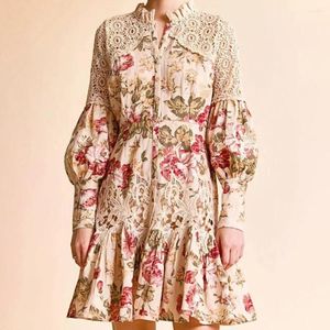 Vestidos casuais Impressão vintage Vestido curto floral para mulheres Stand colar