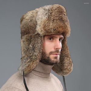 Berets Real Fur Hats For Men 2023 Thick Warm Winter Bomber Rassian Cap Old Man Ushanka Snow Gift Dad