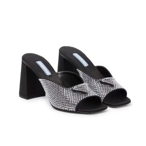 Chinelos de cristal Mules Slides Feminino Sapatos de Salto Alto Strass seda real95mm Chunky Block Slip-On Dedo Aberto Estilistas de Luxo Estilo de Rua Fábrica de Calçados