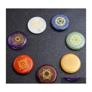 Pietra Yoga Simbolo 7 Chakra Set Reiki Pietre di cristallo naturale Lucidatura Quarzo Energia Chakra Guarigione Decorazione Goccia Consegna Ebreo Dhmt4