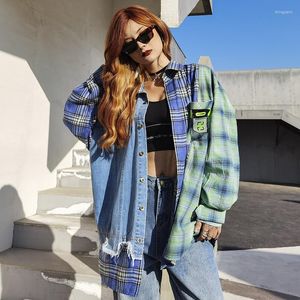 Kvinnors T-skjortor Kvinnor Pure Cotton Denim Plaid T-shirt Löst avslappnad skarv Street Estetik Korea Top Woman Spring Autumn Fashion Clothes