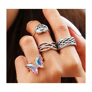 Pierścienie opaski mody biżuterii Zestaw pierścienia Knuckle Sier Crystal Rhinestone Butterfly Scl Heart Dust Geometryczne układy Midi Sets Drop de dheuy