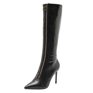 Women Boots Shoes Winter Leather Celebrity Snake Zipper Sexy Pointed Thin Thin Cheel Long Slender High Knight 220914