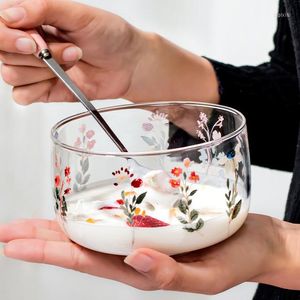 Skålar 1 bit 680 ml hög borosilikat klart ljus glas sallad dessert skål med snygg blommuttryck