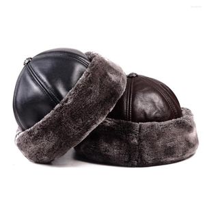 Berets Men Winter Warm Hats For Outdoor Thick Genuine Leather Faux Fur Round Bonnet Russian Male Windproof Snow Ski Cap Fleece Lined