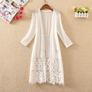 Women's Jackets 2023 Women Summer Three Quarter Sleeve Solid Thin Long Cardigan Fashion Lace Hollow Patchwork Open Stitch Casaco Feminino