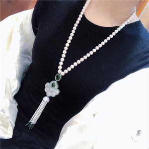 Kedjor hand knuten lång naturlig 8-9 mm vit sötvatten pärla tofs tröja kedja halsband mode smycken