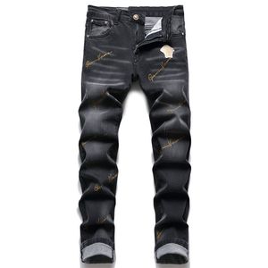 Nowe dżinsy spodnie chino spodni męskie spodnie rozciągają blisko dopasowane spodnie zmyte proste chude haftowe patchwork Ripped Mens Brand Motorcycle Jeans-C14