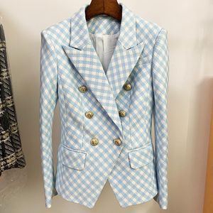 여자 재킷 2023 스타 패션 고품질 재킷 더블 브레스트라 이온 버클 슬림 한 짠 블루 격자 무늬 정장 O219