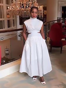 Casual Dresses Women White A Line Pleated Long High Waist Sleeveless Hollow Out Summer Female African Large Size Ladies Elegant Robes