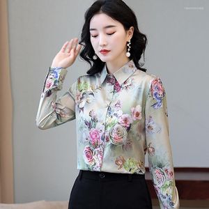 Kvinnors blusar Tingyili Green Floral Print Silk Satin Shirts Women Spring Autumn Long Sleeve Button Up Shirt Topps Female