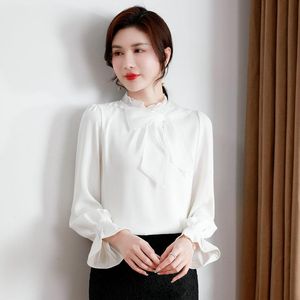 Kvinnors blusar skjortor Office Lady Elegant White Pink Blue Bow Tie Neck Petal Sleeve Design Silk Pull Top Women Chic Closy Ruffle Collar