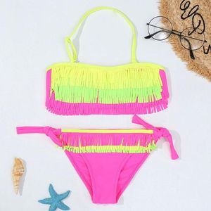 Kvinnors badkläder 5-12 år Tassel Girls Swimsuit Kids Halter Top Bikini Set Fringe Two Piece Children's Bandage Bathing Suit Beachwear