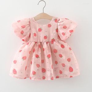 Sukienki dla dziewcząt letnie stroje urodzone ubrania dziecięce maluch kreskówek słodki truskawkowy krótki rękaw mesh niemowlę sukienkę księżniczki BC195