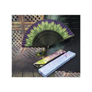 Party Favor 50Set/Lot Vintage Retro Peacock Folding Fan Hand Bamboo Silk Dance Fans Home Decoration Gifts For Friend Sn913 Drop Deli Dhwax