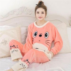 Women's Sleepwear 2023 Autumn Winter Warm Flannel Women Pyjamas Sets Thick Coral Velvet Long Sleeve Cartoon Thin Pajamas