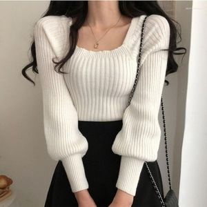 Women's Sweaters Cropped Knitwear Pullovers Fall 2023 Woman For Women Sexy Square Collar Puff Lantern Sleeve Jumper Sweet Sueter Mujer