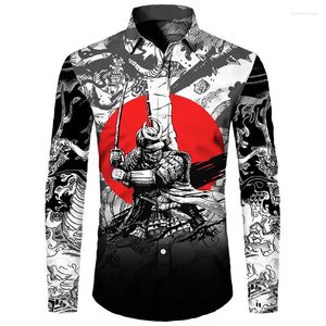 Mäns avslappnade skjortor retro japanska samurai 3d trycker mäns harajuku långärmad vridning krage knapptoppar hip hop streetwear kläder