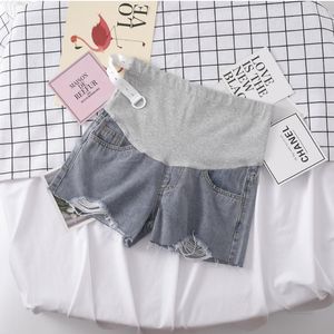 Maternity Bottoms 1138# Summer Casual Denim Shorts Elastic Waist Belly Ripped Hole Wide Leg Loose Short Clothes For Pregnant Women