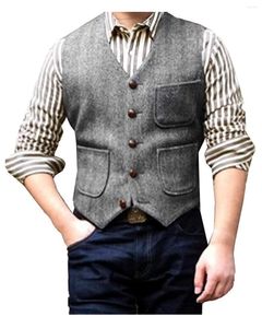 Men's Vests 2023 Men's Suit Vest Vintage Three Pockets V Neck Wool Herringbone Waistcoat For Wedding Groomsmen Grey/Black/Brown