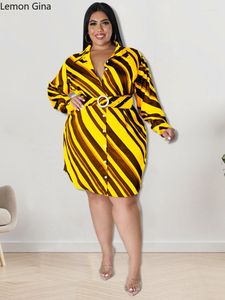 Plus Size Dresses Lemon Gina 2023 Elegant Women Curve randig med bälte Single Breasted Turn-Down Neck Lapel Shirt Style Dress