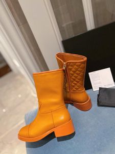 Stiefel s echte Gewebe Leder Frauen Seite Reißverschluss rund Zehenkalb Square Mid Heels Schuhe für Herbst Winter Heel Schuh 575 Stiefel