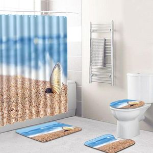 Tende da doccia 4 pezzi/set Bagno Tenda impermeabile Serie oceano Stampato che assorbe l'acqua Coprivaso Tappetino Tappetino Decorazione per il bagno di casa