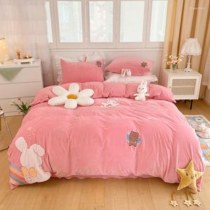 Bedding Sets Super Soft Coral Fleece Warm Cozy Star Embroidery Princess Bed Skirt Velvet Quilt Cover Comforter Set Blanket